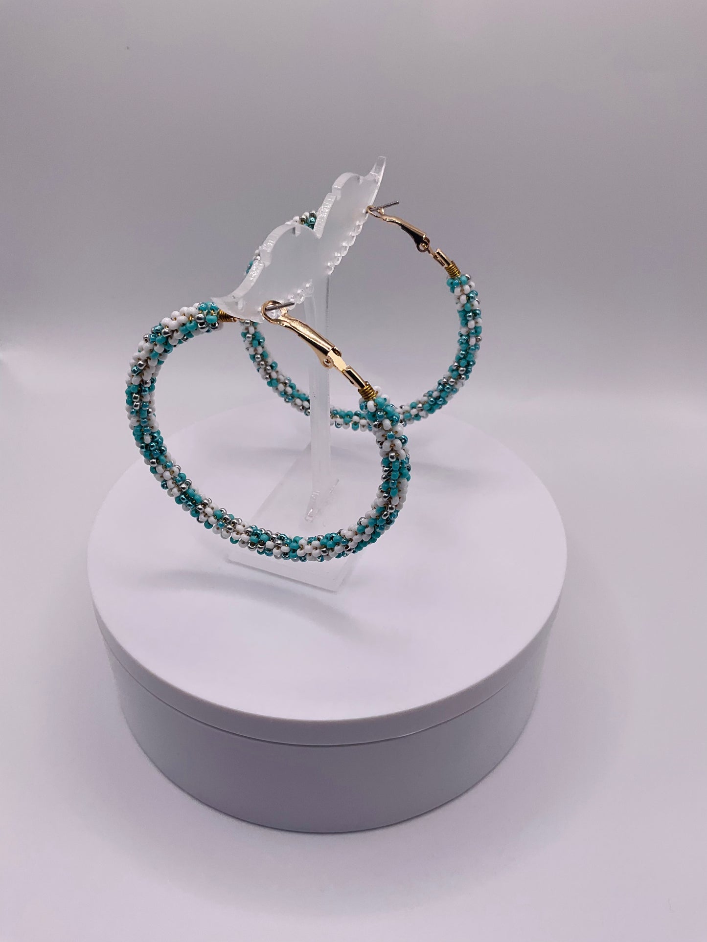Teal white earrings hoops