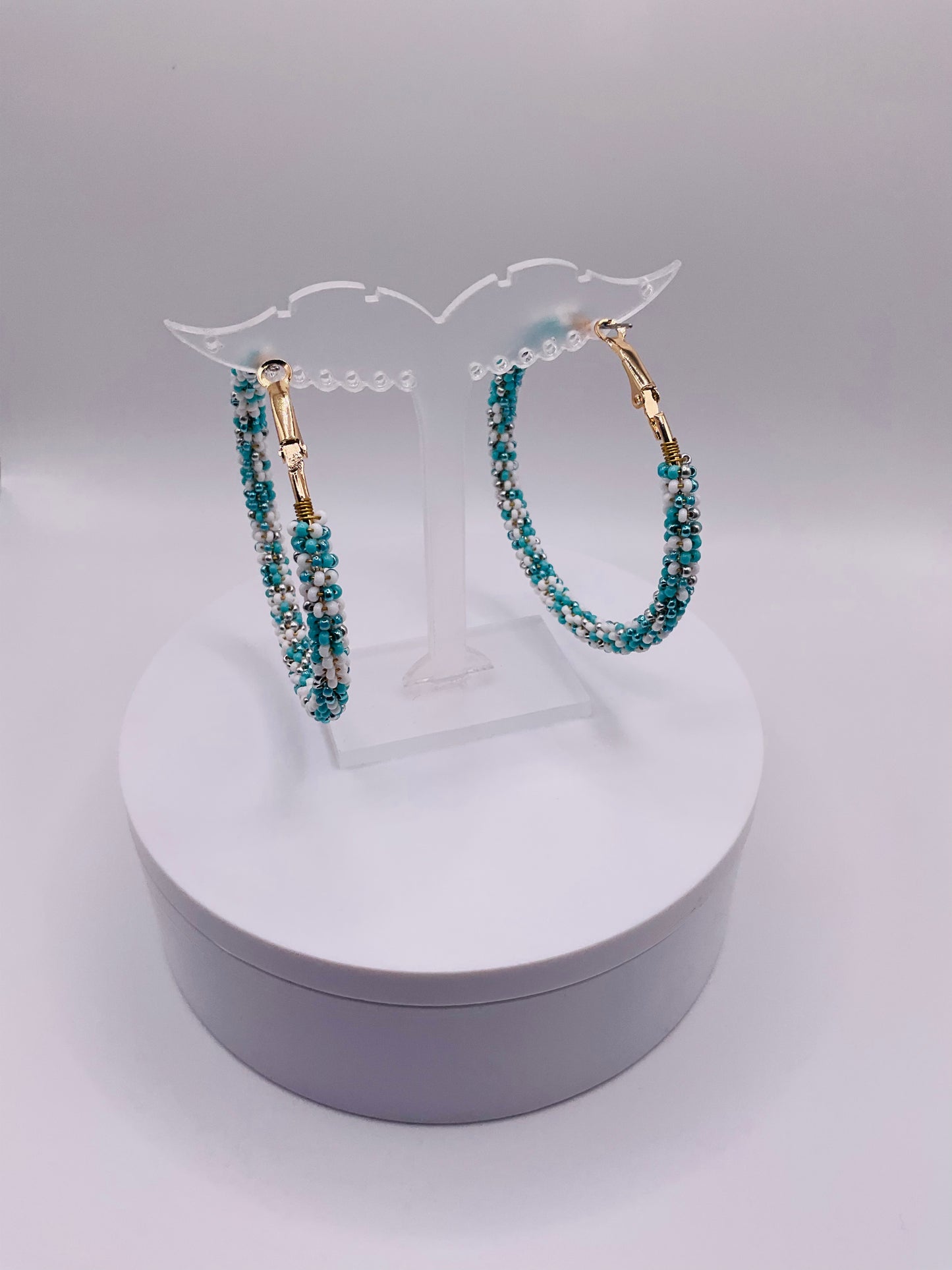 Teal white earrings hoops
